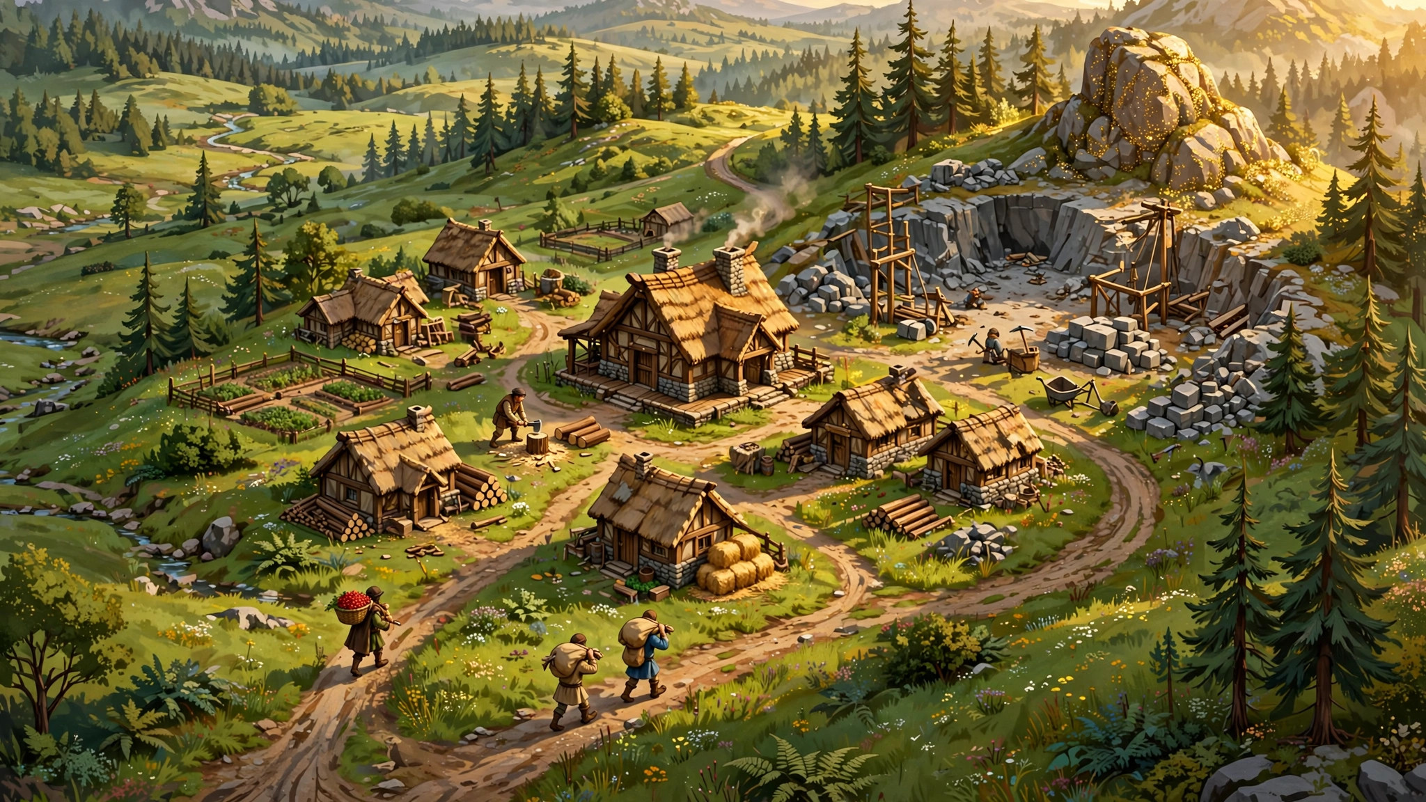 Skirmish — a little village of workers, trees and a town center, in original art